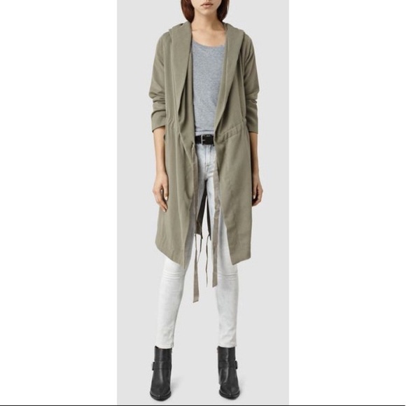 AllSaints Dark Sage Green Gray Lyocell Cupro Hooded Multi Wear Pelya Parka EUC 8 - Picture 1 of 12